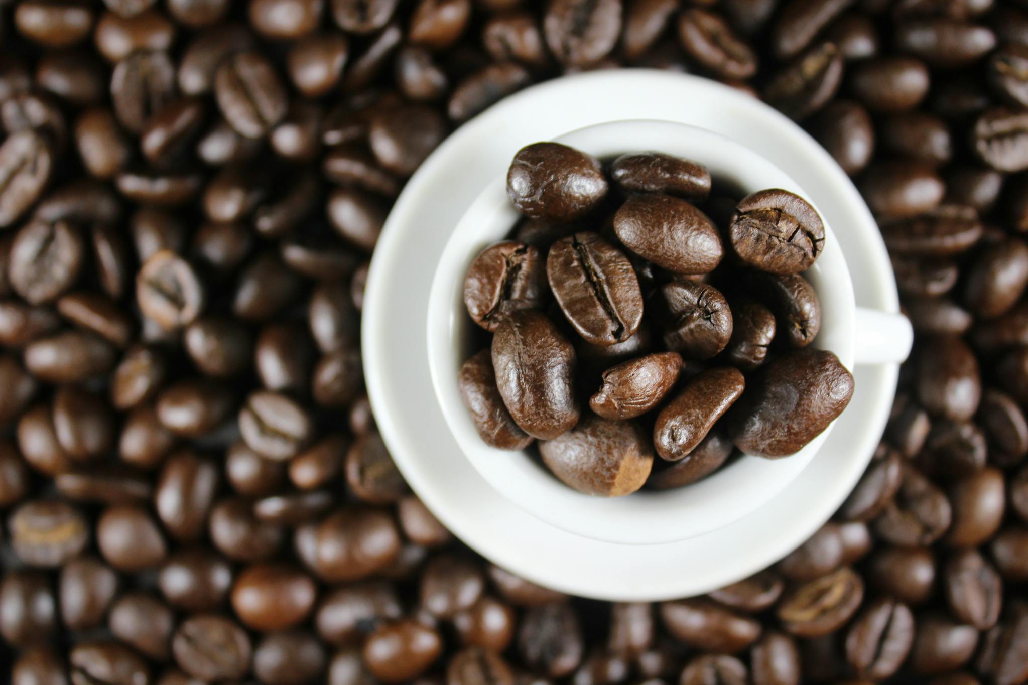 High angle view of roasted coffee beans overflowing from a white cup, capturing rich textures and warm tones.