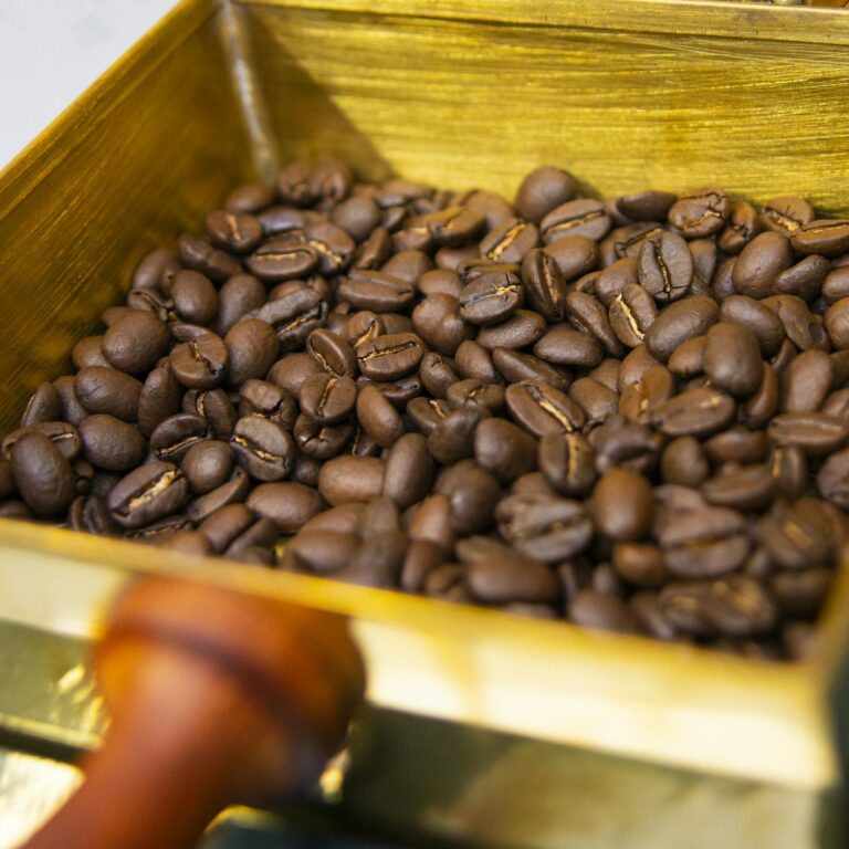 Rich and aromatic roasted coffee beans in a luxurious gold drawer, perfect for java lovers.